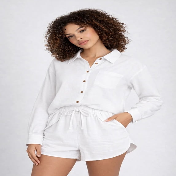 Forever 21 WGA Airlflow Long Sleeve Shirt With Matching Short, Color- White, Size- L