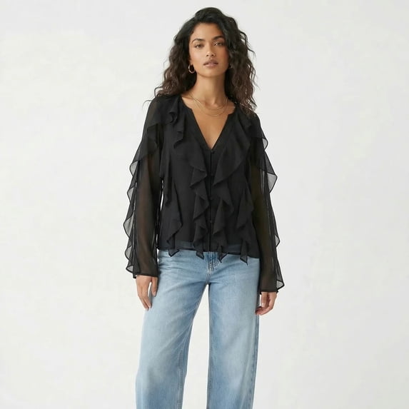 Forever 21 WGA Chiffon Button Front Ruffle Detail Blouse, Color- Black, Size- S