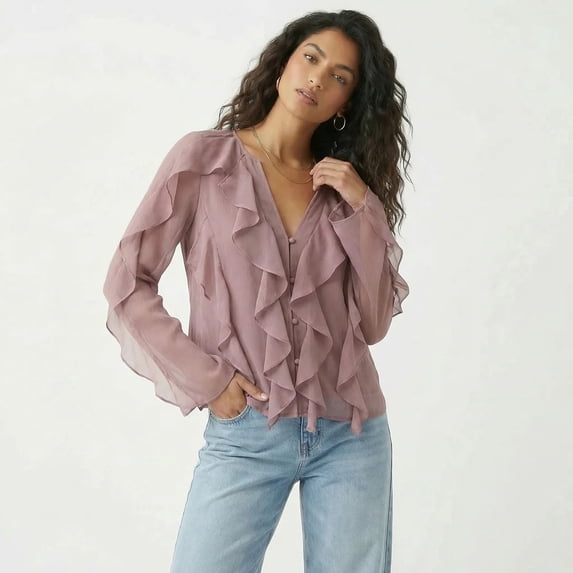 Forever 21 WGA Chiffon Button Front Ruffle Detail Blouse, Color- Mauve, Size- M