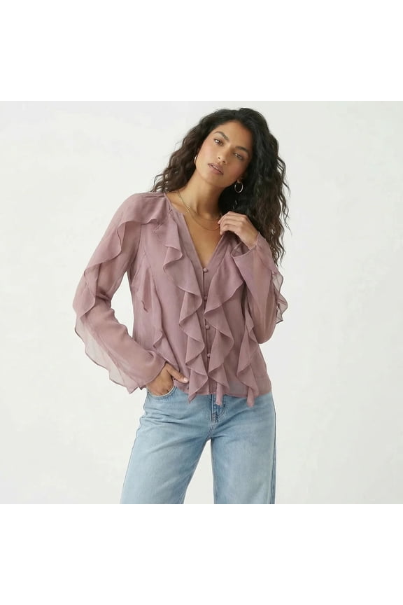 WGA Chiffon Button Front Ruffle Detail Blouse, Color- Mauve, Size- S