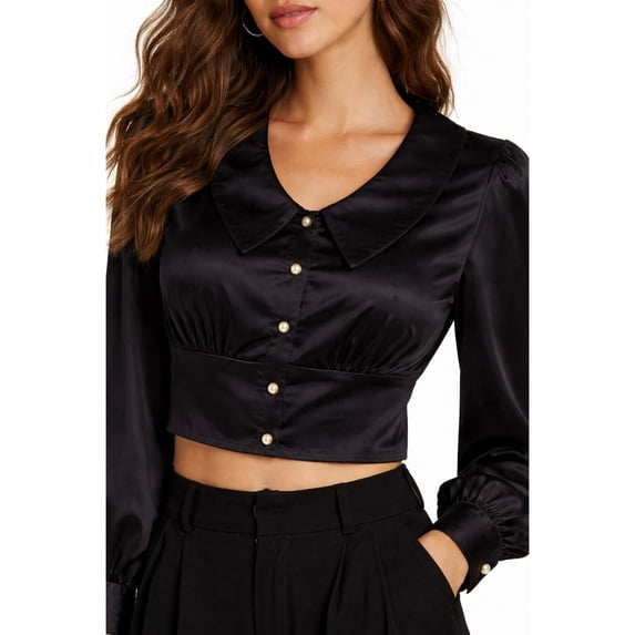 Forever 21 WGA Cropped Shirt W/ Peter Pan Collar &Tie Back, Color- Black, Size- M