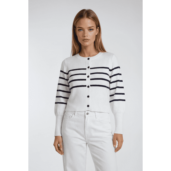 Forever 21 WGA LS Button Placket Striped Cardigan, Color-Heather Grey/Navy, Size-L