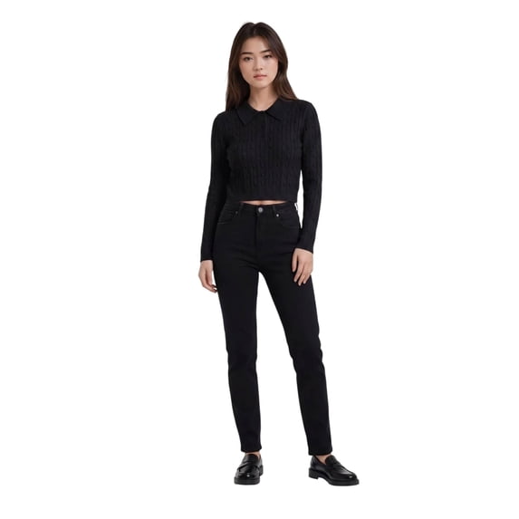 Forever 21 WGA LS Cropped Dolman Sleeve Cable Knit Sweater, Color-Black, Size-M