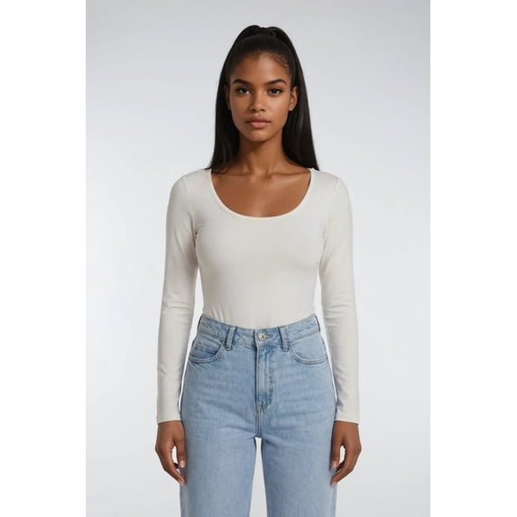 Forever 21 WGA LS Scoopneck Bodysuit, Color-Ivory, Size-S