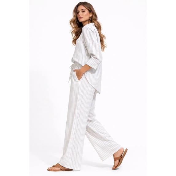 Forever 21 WGA Long Sleeve Shirt With Matching Wide Leg Pant, Color- Cream/Blue, Size- L