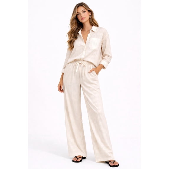 Forever 21 WGA Long Sleeve Shirt With Matching Wide Leg Pant, Color- White/Beige, Size- L