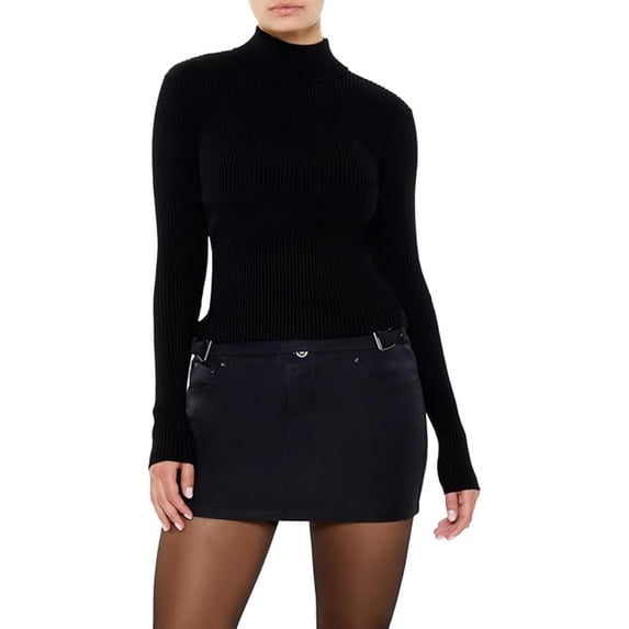 Forever 21 WGA Mockneck Illusion Neckline Ribbed Sweater, Color-Black, Size-M