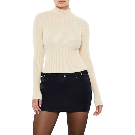 Forever 21 WGA Mockneck Illusion Neckline Ribbed Sweater, Color-Cream, Size-L