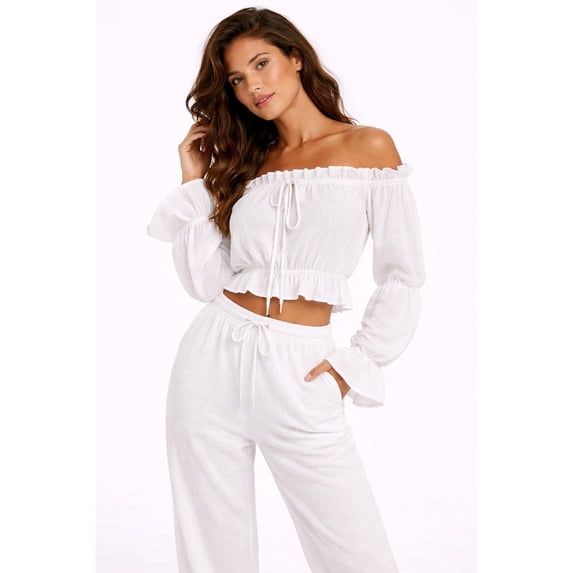 Forever 21 WGA Off Shoulder Long Sleeve Crop Top, Color- White, Size- M