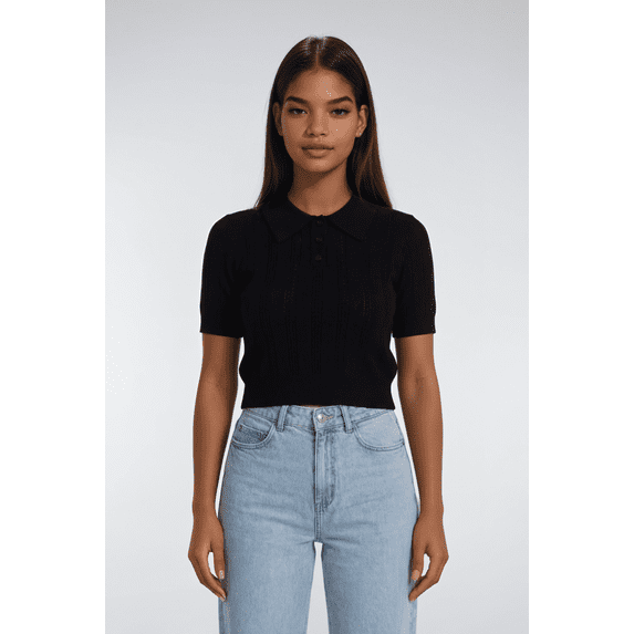 Forever 21 WGA Pointelle Ss Sweater With Collar And Button Placket, Color-Black, Size-S