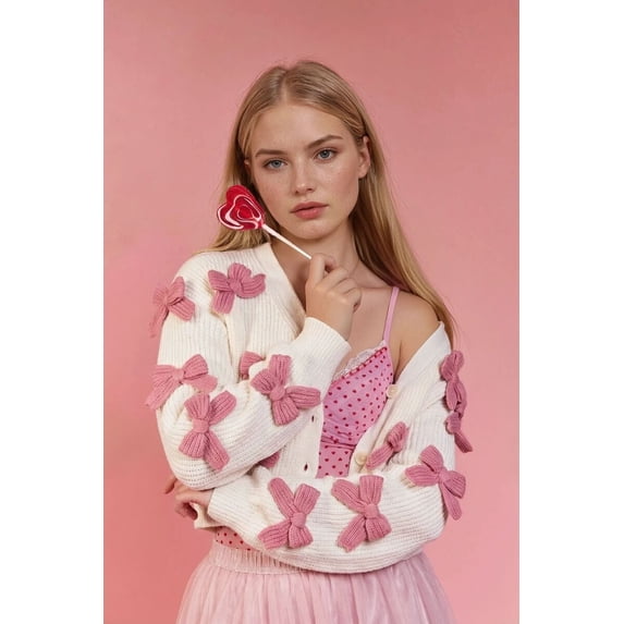 Forever 21 WGA Shaker Knit Cardigan With Bow Appliques, Color-Cream/Pink, Size-M