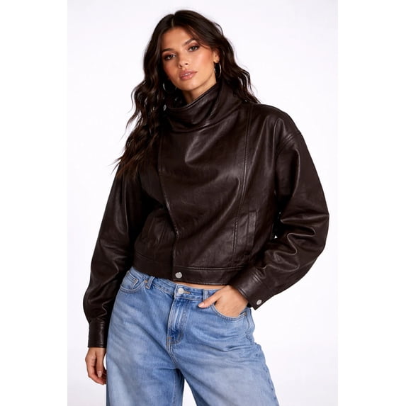 Forever 21 WGA Shawl Collar Butter Pu Zip Front Pu Jacket, Color-Brown, Size-S