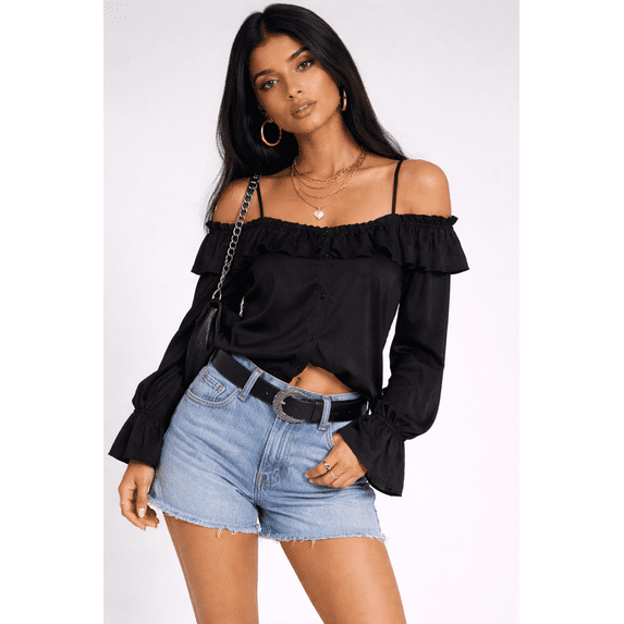 Forever 21 WGA Spagheti Strap Off Shoulder Button Front Blouse /W Ruffle Neckline, Color-Black, Size-L