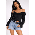 thumbnail image 1 of Forever 21 WGA Spagheti Strap Off Shoulder Button Front Blouse /W Ruffle Neckline, Color-Black, Size-M, 1 of 5