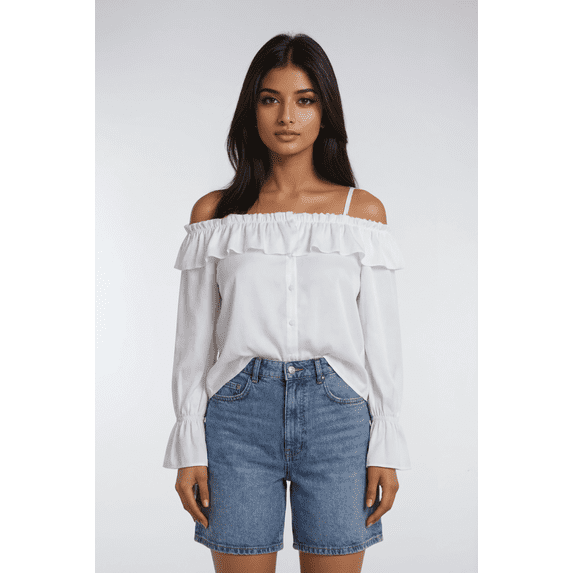 Forever 21 WGA Spagheti Strap Off Shoulder Button Front Blouse /W Ruffle Neckline, Color-White, Size-S