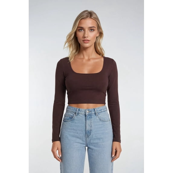 Forever 21 WGA Square Neck Long Sleeve Top, Color-Brown, Size-L