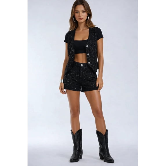 Forever 21 WGA Stretch Denim Short With Rhinetone Front, Color-Black, Size-24
