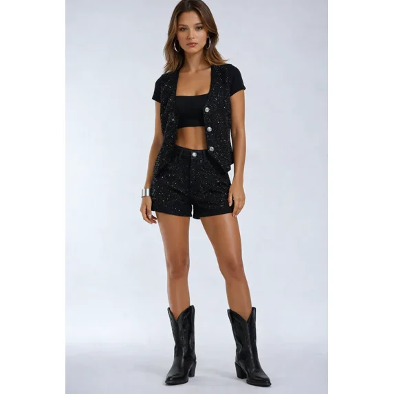 Forever 21 WGA Stretch Denim Short With Rhinetone Front, Color-Black, Size-27