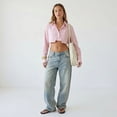 thumbnail image 1 of Forever 21 WGA Striped Cropped Button Front Shirt, Color- Pink/White, Size- L, 1 of 5