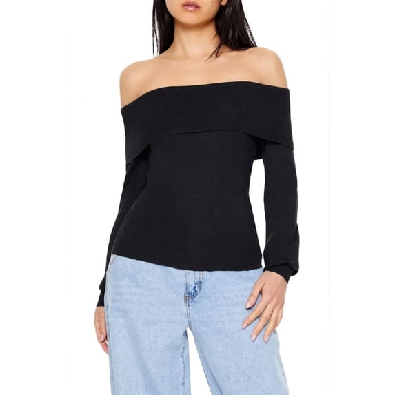 Forever 21 WGA Variegated Rib Off Shoulde Sweater, Color-Black, Size-L