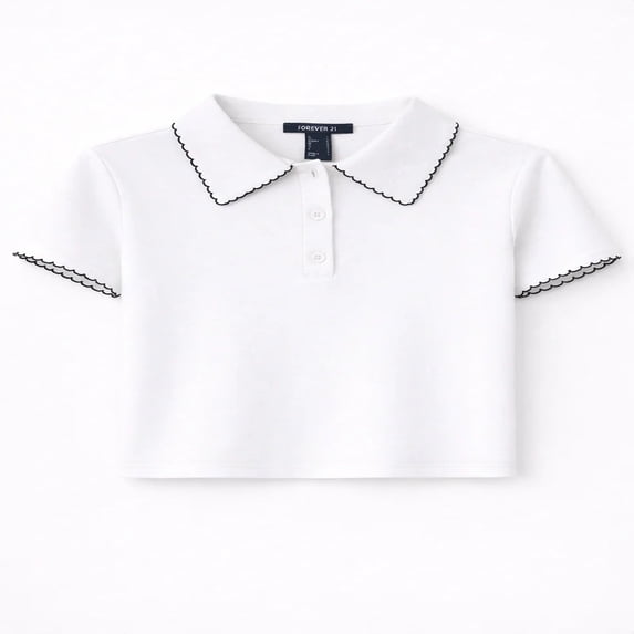 Forever 21 Wga Scalloped Edge Short Sleeve Polo Shirt, Color- White/Black, Size- M