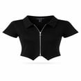 thumbnail image 1 of Forever 21 Wga Zip Front Short Sleeve Collared Top, Color- Black, Size- L, 1 of 5