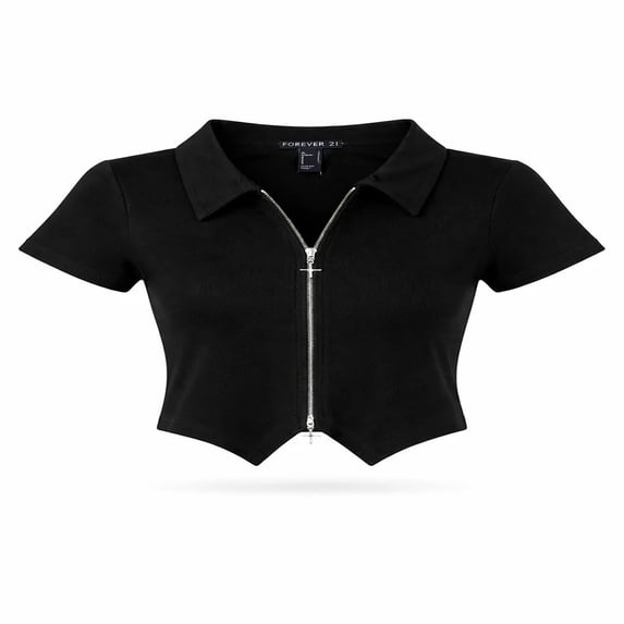 Forever 21 Wga Zip Front Short Sleeve Collared Top, Color- Black, Size- L