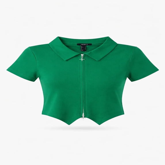 Forever 21 Wga Zip Front Short Sleeve Collared Top, Color- Green, Size- L