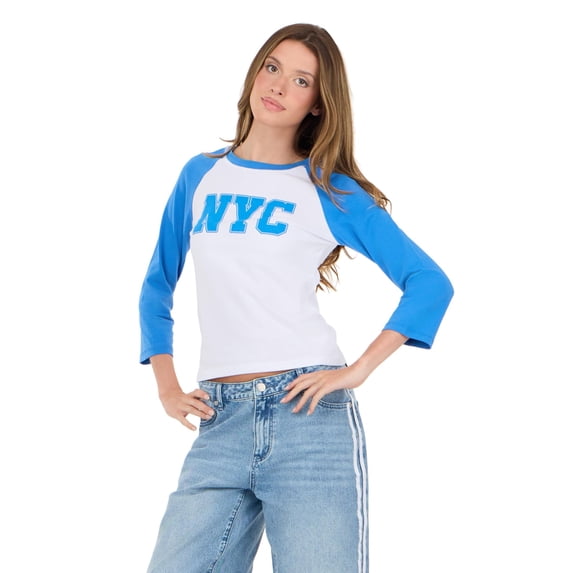 Forever 21 Women's Blue & White NYC Varsity Raglan Crew Neck 3/4 Sleeve Top, for Casual Everyday Style, S