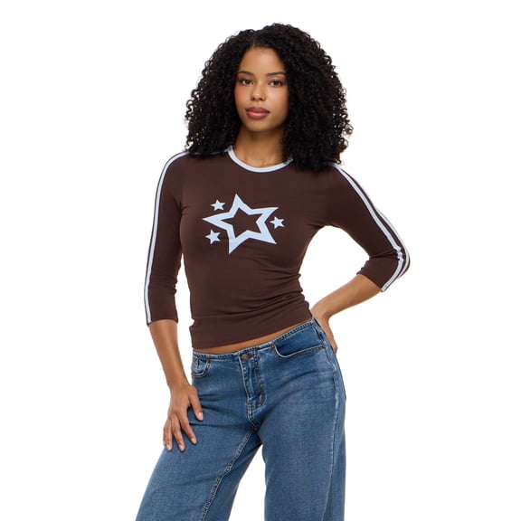 Forever 21 Women's 3/4 Sleeve Graphic Baby Tee with Side Stripes, Brown, XS-XL