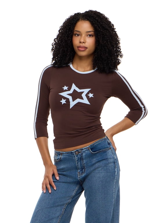 Women's 3/4 Sleeve Graphic Baby Tee with Side Stripes, Brown, XS-XL