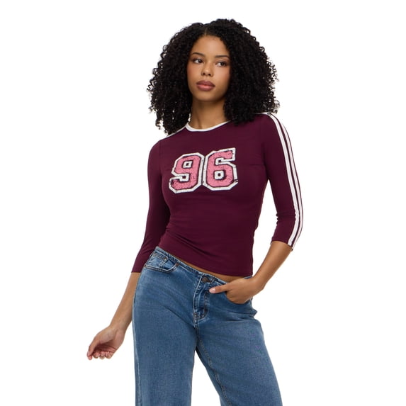 Forever 21 Women's 3/4 Sleeve Graphic Baby Tee with Side Stripes, Burgundy, XS-XL