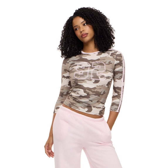 Forever 21 Women's 3/4 Sleeve Graphic Baby Tee with Side Stripes, Green Camo, XS-XL