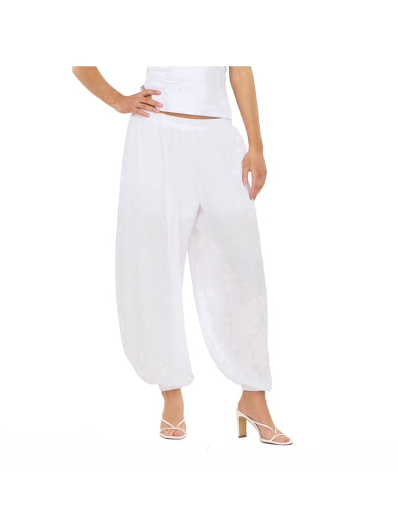 Women’s Balloon Pants, Relaxed Pull-On Wide Leg Bottoms with Gathered Tapered Hem, Flowy Casual Lounge Trousers, XS-XL