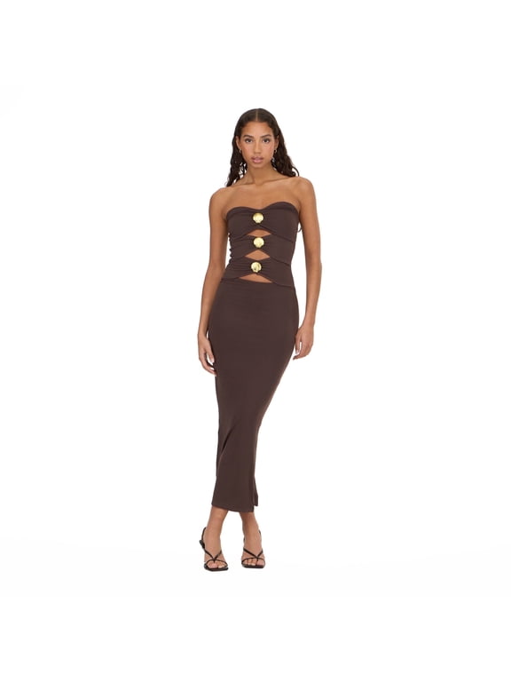 Women’s Bandage Style Maxi Dress with Seashell Hardware, Strapless Cutout Bodycon Long Dress for Parties, XS-XL