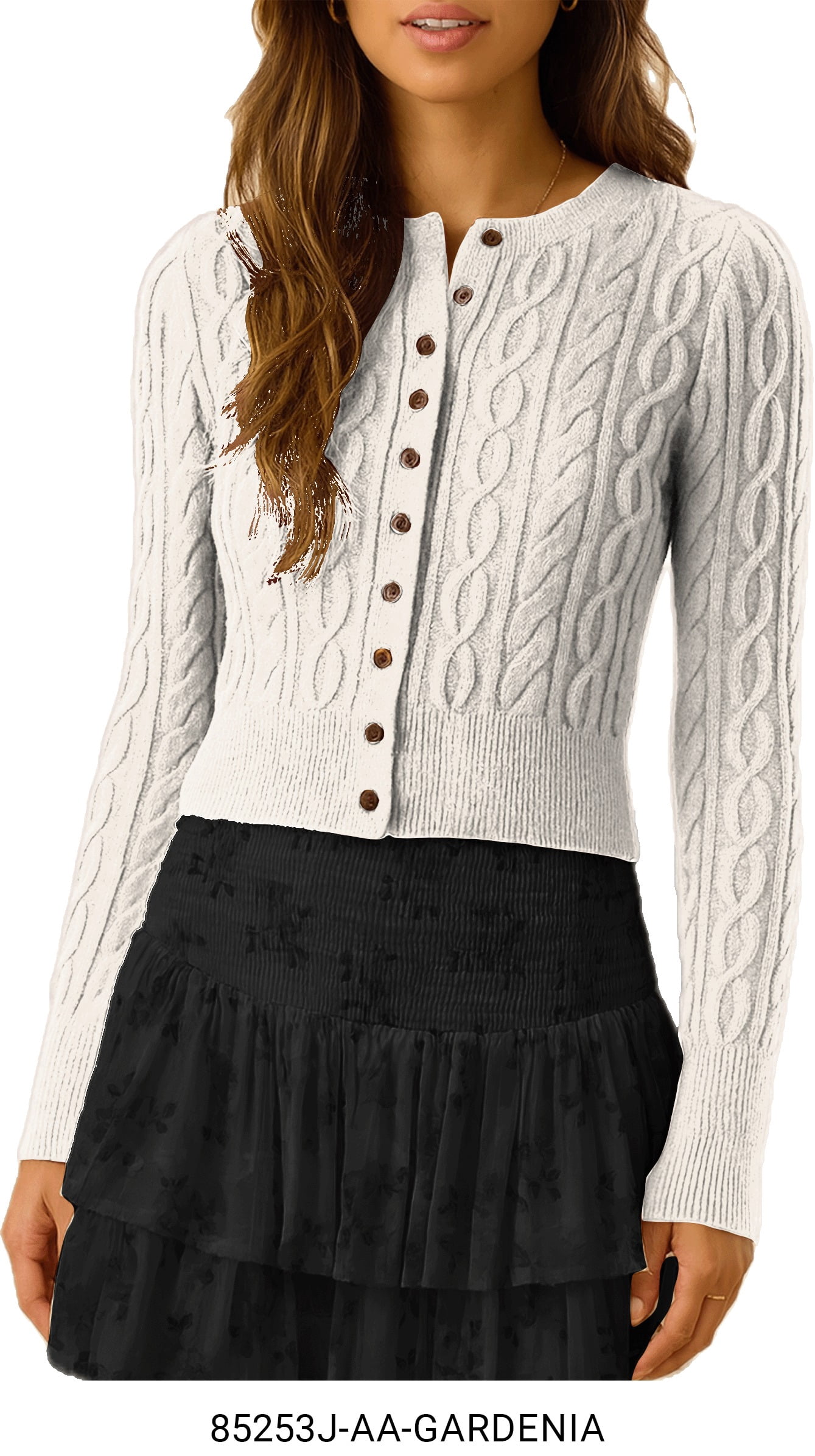 Women's Cable Knit Fitted Cardigan - Classic Long Sleeve Button Front Sweater for Everyday Layering, Color- Ivory, Size- Medium