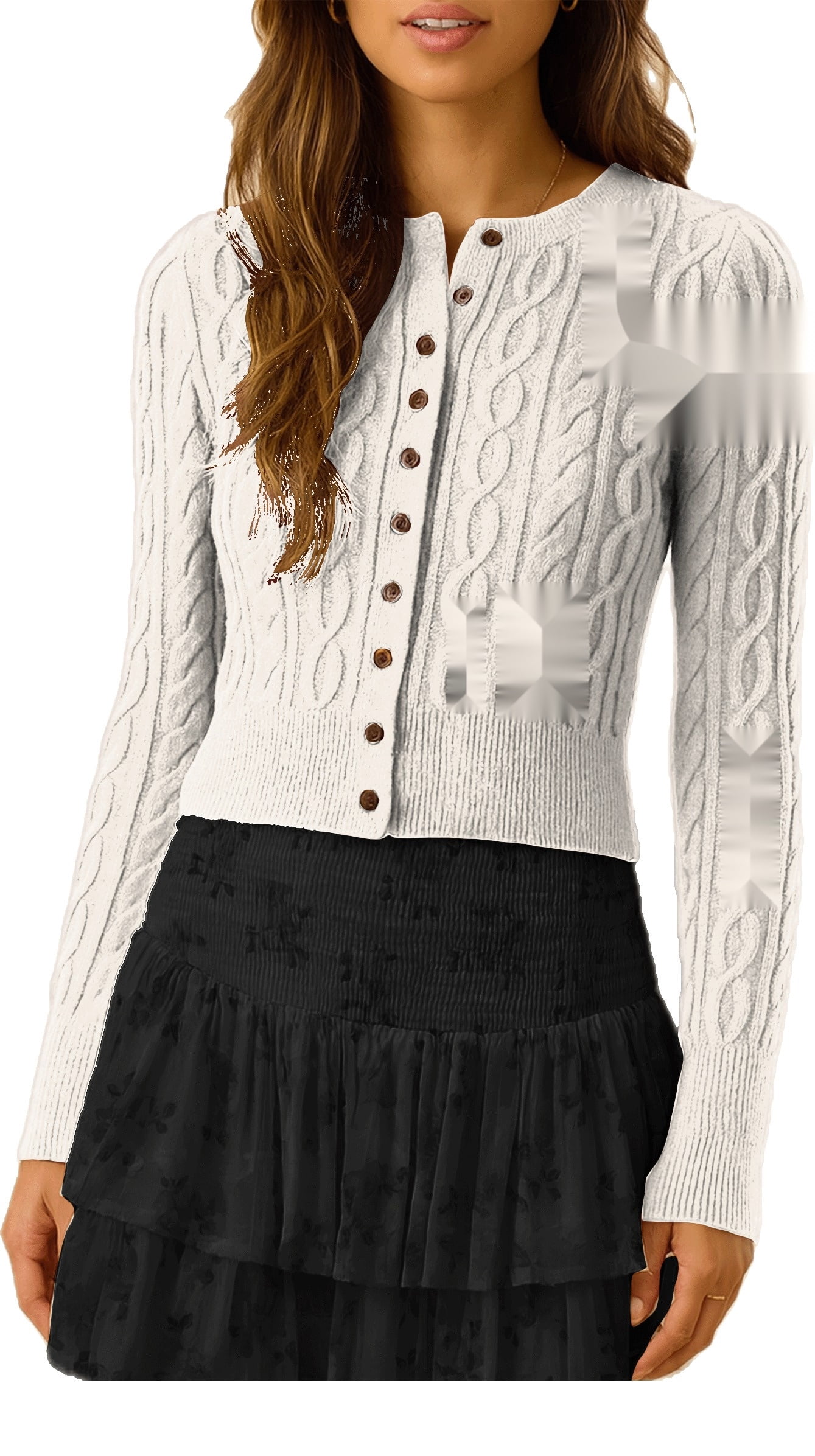 Women's Cable Knit Fitted Cardigan - Classic Long Sleeve Button Front Sweater for Everyday Layering, Color- Ivory, Size- Small