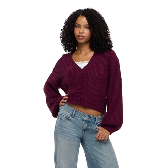 Forever 21 Women's Chunky Knit Cropped Cardigan, Burgundy, XS-XL