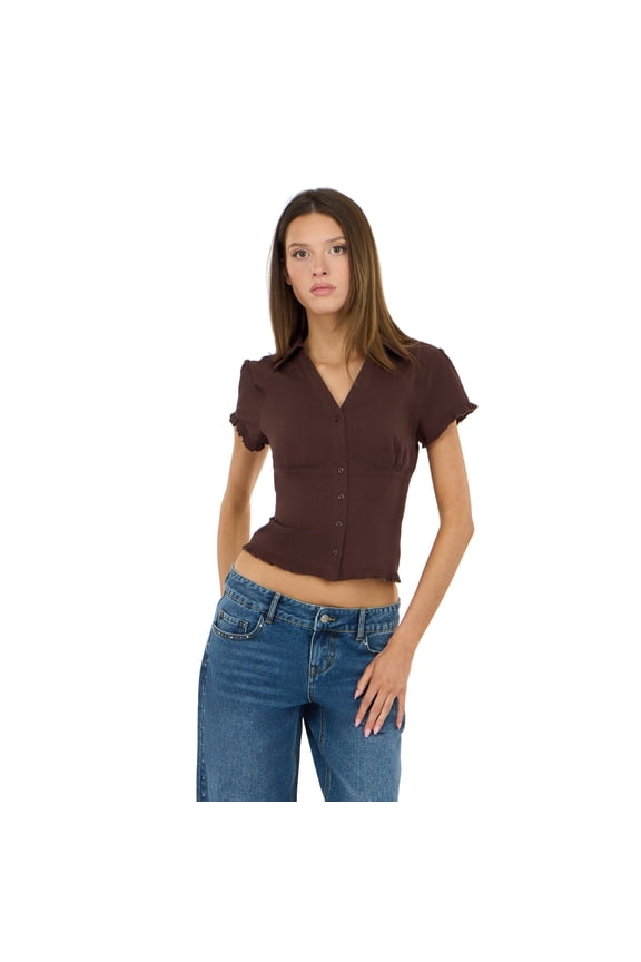 Women’s Collared Button Down Top with Ruffle Hem, Cinched Fit, Brown, L