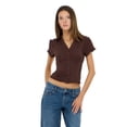 thumbnail image 1 of Forever 21 Women’s Collared Button Down Top with Ruffle Hem, Cinched Fit, Brown, L, 1 of 6