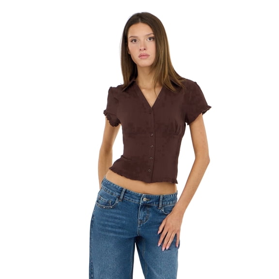 Forever 21 Women’s Collared Button Down Top with Ruffle Hem, Cinched Fit, Brown, L