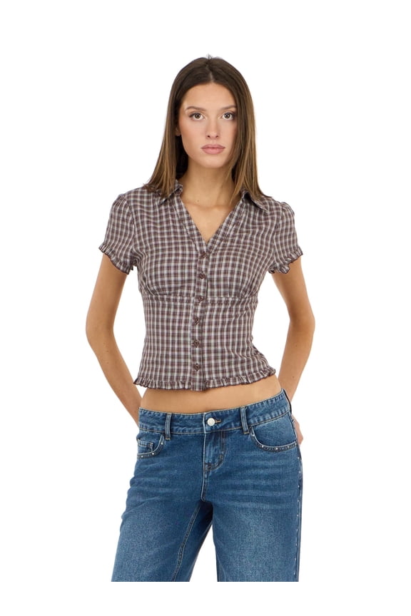 Women’s Collared Button Down Top with Ruffle Hem, Cinched Fit, Brown, M