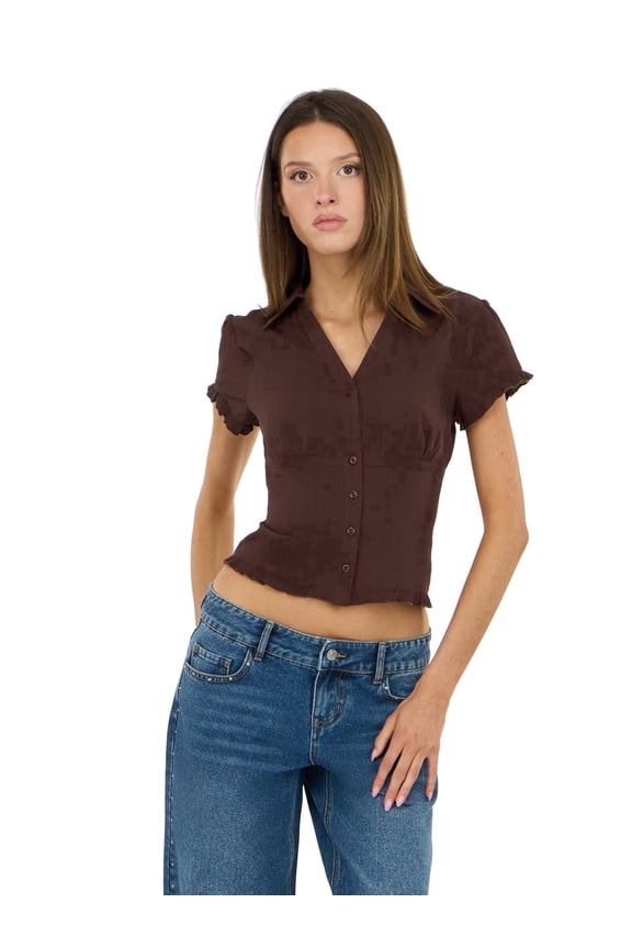 Women’s Collared Button Down Top with Ruffle Hem, Cinched Fit, Brown, S
