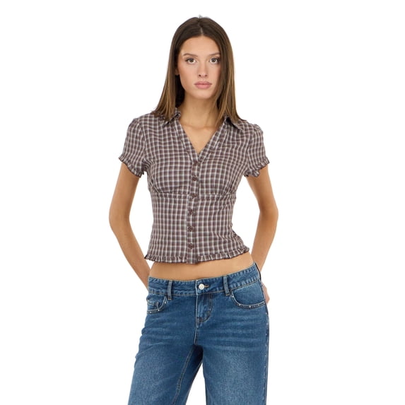 Forever 21 Women’s Collared Button Down Top with Ruffle Hem, Cinched Fit, Brown, XS