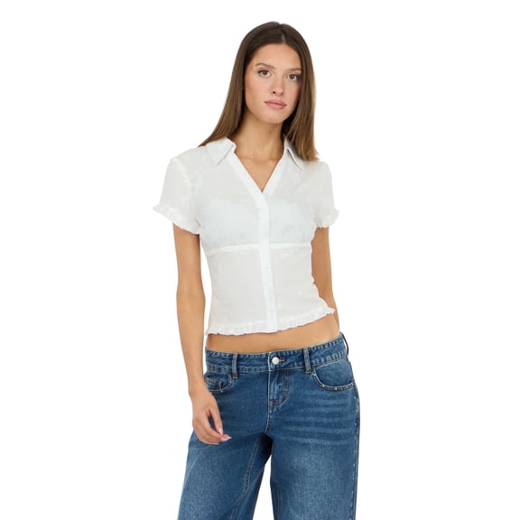 Forever 21 Women’s Collared Button Down Top with Ruffle Hem, Cinched Fit, White, M