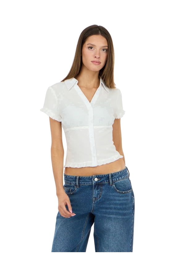 Women’s Collared Button Down Top with Ruffle Hem, Cinched Fit, White, S