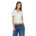thumbnail image 1 of Forever 21 Women’s Collared Button Down Top with Ruffle Hem, Cinched Fit, White, XS, 1 of 7