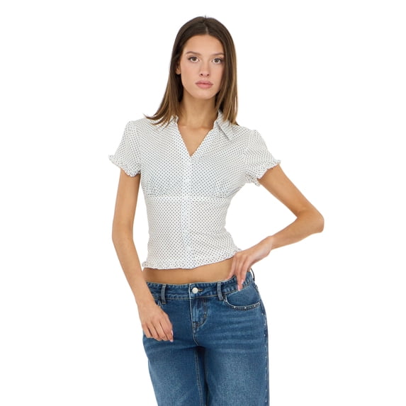Forever 21 Women’s Collared Button Down Top with Ruffle Hem, Cinched Fit, White, XS