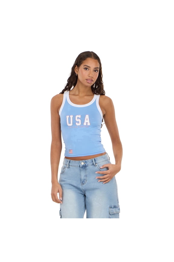Women’s Contrast Binding Tank with Screen Graphic, Fitted Sleeveless Retro-Inspired Casual Summer Top, XS-XL
