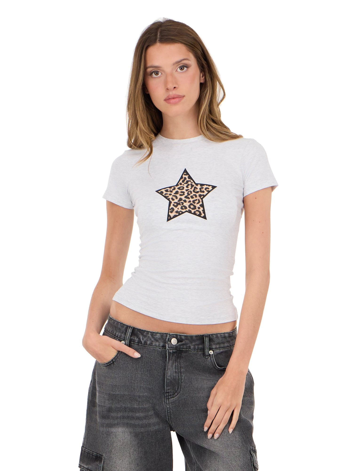 Forever 21 Women's Crew Neck T-Shirt with Graphic Rhinestone Detail, Fitted Short Sleeve Tee, Casual Everyday Streetwear Style Top, Grey, XXS-4X